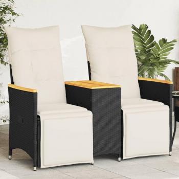 Adjustable Black Poly Rattan 2-Seater Reclining Garden Sofa with Table