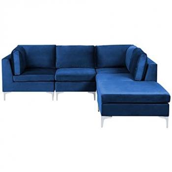 Sofá Esquinero Modular de 4 Plazas en Terciopelo Azul Marino Izquierdo con Otomana y Patas Metálicas Plateadas