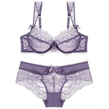 SHEKINI Conjuntos de lencería Sexy Ropa Interior para Mujer Sujetador con Aros Sin Relleno Push up Sujetador y Bragas de Encaje Transparente Caliente Sexy Bralette y Tanga