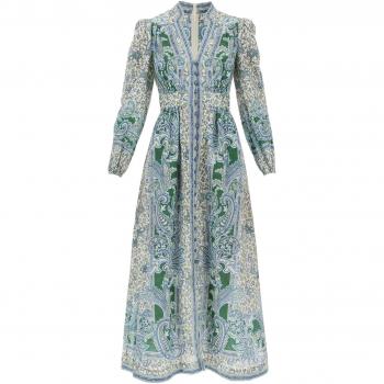 Zimmermann Women's Paisley Print Linen Midi Dress in Green | Size 2 | 8109DSS242GRPA