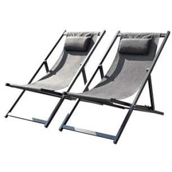 Juego de 2 tumbonas de jardín de aluminio gris Tevata, inclinables, con reposacabezas, anti-UV y a prueba de agua