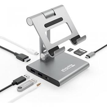 Plugable Technologies 8-in-1 USB C Hub for iPad with Stand, 100W Pass-Through Charging, USB C Docking Station, 1x HDMI, 2x USB, Audio, SD Card Reader, Compatible with Windows
