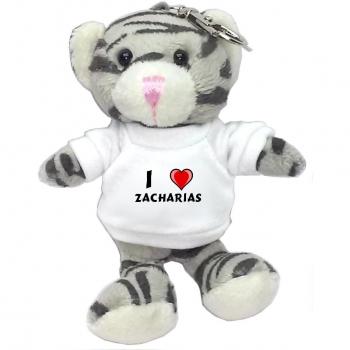 Gato gris de peluche (llavero) con Amo Zacharias en la camiseta (nombre de pila/apellido/apodo)