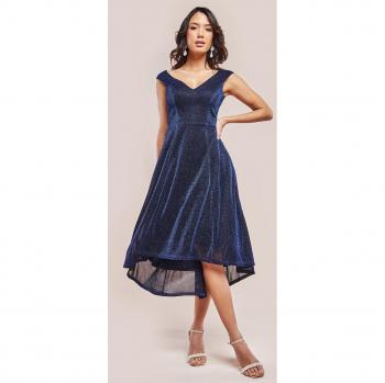 Goddiva Off The Shoulder Lurex High Low Dress - Navy - Size 16 UK
