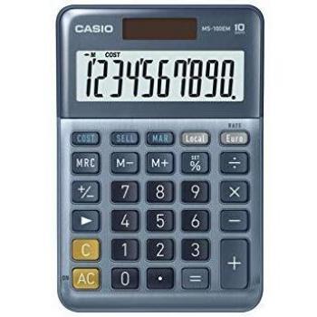 Casio MS-100EM - Calculadora de Escritorio con Pantalla Extra-Grande de 10 dígitos, con energía Solar/batería, con cálculo avanzado de Porcentaje, conversión de Moneda en Euros, Azul