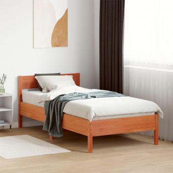 Cama sin colchón de madera de pino en color cera marrón, dimensiones 100x200 cm, incluye estructura cama con cabecero
