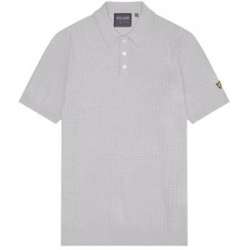 Lyle & Scott Men's Large Grey Knitted Golf Polo Shirt with Grid Pattern
