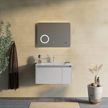 Mueble de baño suspendido Kiamami Valentina 80cm gris perla con espejo 80x60 y reloj Mónaco