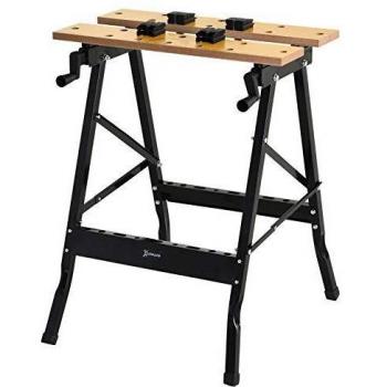 DURHAND Banco de Trabajo Plegable Mesa de Trabajo Portátil con 4 Abrazaderas Agujeros para Sierra Uso Doméstico Carpintería Hierro MDF Soporta 70 kg 56x62x75 cm Natural Negro