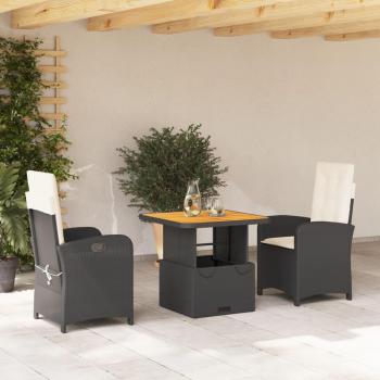 3-Piece Black Poly Rattan Garden Dining Set with Cushions
