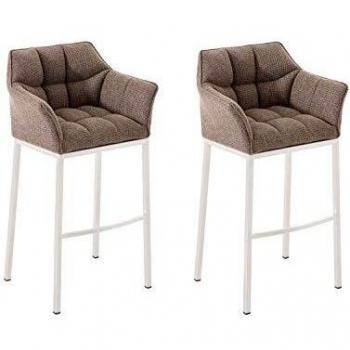 Set de 2 taburetes de bar Damaso en tela con base de 4 patas, color marrón tierra y blanco, con respaldo acolchado