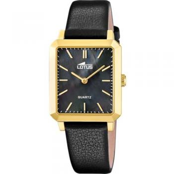 Reloj de mujer Lotus Square Series 18988/4, analógico, correa de piel negra, caja de acero inoxidable dorado