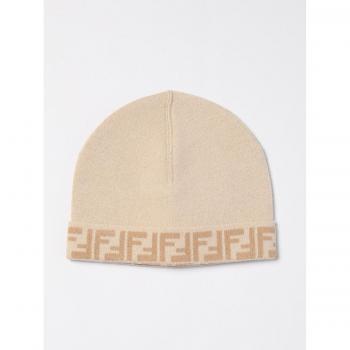 Fendi Beige Kids Beanie Hat Size 3 Unisex Wool Cashmere Monogram FF