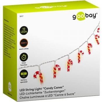 Guirnalda luminosa LED 10 luces Bastones de caramelo con temporizador, luz blanca cálida, batería, 1.2m