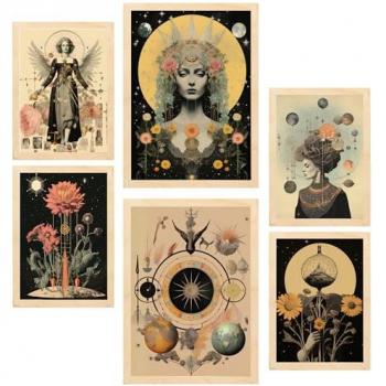Set de 6 Pósters Collage Surrealista Esotérico Místico para Decorar Paredes del Hogar - Tamaños A3 y A4 Sin Marco