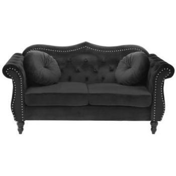 Sofá de 2 plazas tapizado en terciopelo negro con botones de adorno y apoyabrazos enrollados estilo glam Skien