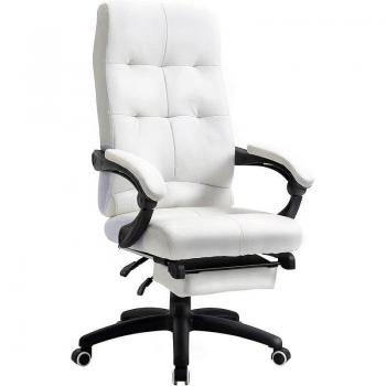 Vinsetto Silla de Oficina Ergonómica Giratoria Altura Ajustable con Función de Inclinación Reposabrazos y Reposapiés Piel Sintética 65x65x118-125 cm Blanco