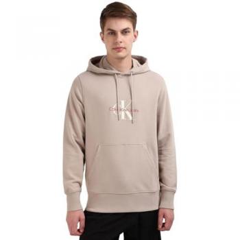 Calvin Klein Distressed Monologo Hoodie Beige Regular Fit Cotton Sweater