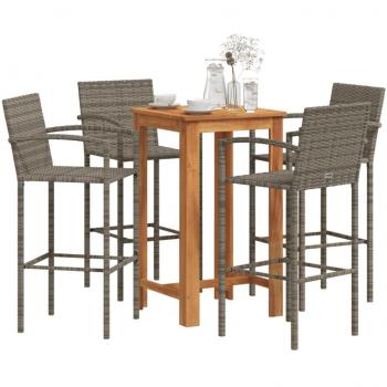 vidaXL 5 Piece Garden Bar Set Grey Solid Wood Acacia and Poly Rattan