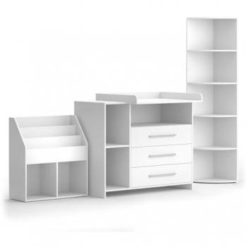 Conjunto de muebles para bebés Oskar, Blanco, 3 piezas, con cambiador, estantería para juguetes y estantería para libros