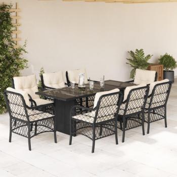 9-Piece Black Poly Rattan Garden Dining Set with Cushions