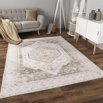 Alfombra Salon De Habitacion Pelo Corto Motivo Oriental Ornament Suave 80x150 cm, Beige 3
