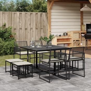 Set de comedor de jardín 9 pzas con cojines de ratán sintético negro