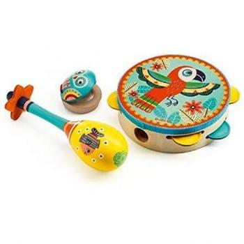 Djeco- Animambo I Conjunto de Instrumentos de Madera de 3 Piezas para Niños Mayores de 3 Años, Multicolor