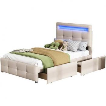 Cama doble tapizada con LED y 2 cajones, sin colchón, 160x200 cm, terciopelo negro