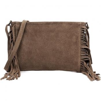 Bandolera de Piel Gamuza para Mujer con Flecos - Made in Italy - Taupe Oscuro