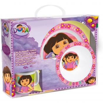 Stor 94490 - Estuche de regalo de melamina con orla, 3 piezas, plato, cuenco y taza, diseño Dora La Exploradora