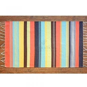 Alfombra de tejido reversible tejido 100% algodón orgánico con tintes vegetales. Estampado a rayas multicolor. Tapete. Medidas: 90x150 , Código: 00028