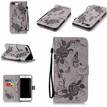 Apple iPhone 6S/6/Se/5S/5/iphone7/iphone7 Plus, esstore-eu elegante mariposa rosa diseño estampado piel sintética función atril protección casos cubre con ranura para tarjeta soporte tipo cartera libro diseño fordable correa caso Gris gris iPhone 7 