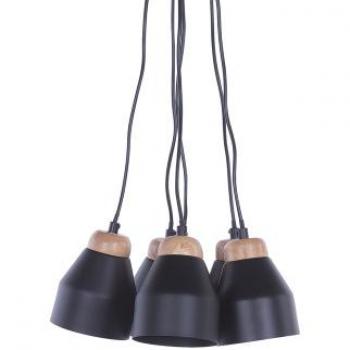 Lámpara colgante moderna de metal negro y madera clara con 6 luces en forma de campana Cestos