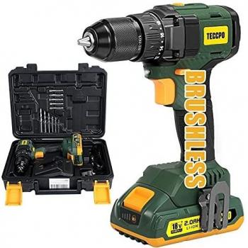 Taladro Atornillador Brushless, TECCPO Taladro Batería 18V, 45NM, 18+1 Ajustes de Par, 1×2.0Ah Batería de Litio, 50Mins Cargador Rápido, Cabezal de Destornillador, BHD350D