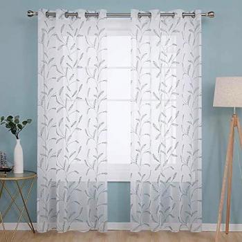 Deconovo Visillos para Ventanas Gasa Efecto Lino Cortina Transparente para Habitación Bebe Infantil 2 Paneles 140 x 175 cm Azul Verde
