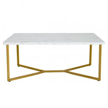 Mesa Baja Moderna de Centro con Superficie en Falso Mármol y Patas Doradas, Rectangular, 107 x 60 x 45,5 cm, Blanco