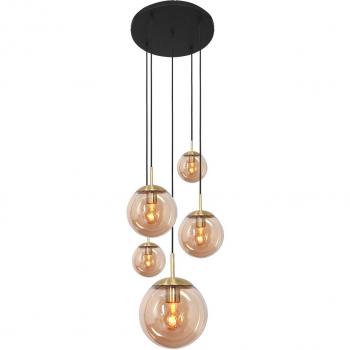 Lámpara colgante Glsabol de vidrio y latón con 5 luces, Lámpara colgante Bollique led ámbar de metal de 60 cm con casquillo E27 (2730ME)
