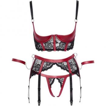 Lace and Leather Bondage Lingerie Set with Restraints - Black