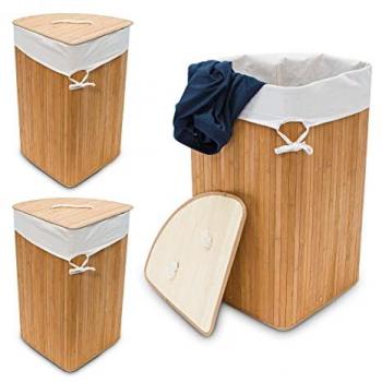 Cestos Ropa Sucia Esquinero Plegables de Bambú con Tapa - Pack de 3, 65 x 49,5 x 37 cm, Natural