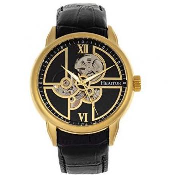 Heritor Automatic Sanford Semi-Skeleton Black and Gold Leather Watch