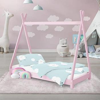 Cama Infantil Tipi Indio de Madera de Pino Rosa 70x140 cm con Somier y Diseño de Casa para Juegos