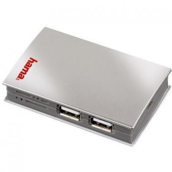 Hama 039832- Hub pasivo de 4 Puertos+Lector de Tarjetas USB 2.0, Color Plateado