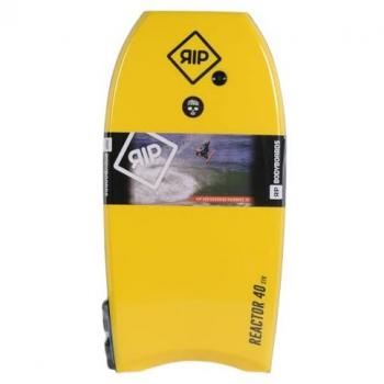 Bodyboard Rip Reactor EPS 44 con leash de espiral, diseño amarillo/naranja, tail crescent y stringer de fibra
