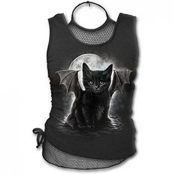 Spiral Direct Women's Bat Cat-2In1 Neck Tie Mesh Vest Top, Black
