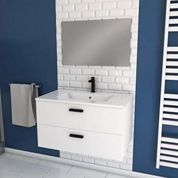 Mueble de baño suspendido blanco 80 cm con cajones, lavabo y espejo - Aurlane