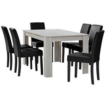 Conjunto de Mesa de Comedor Forssa 140x90 cm + 6 Sillas de Polipiel - Roble Blanco y Negro