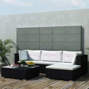 5-Piece Black Poly Rattan Garden Lounge Set with Cushions