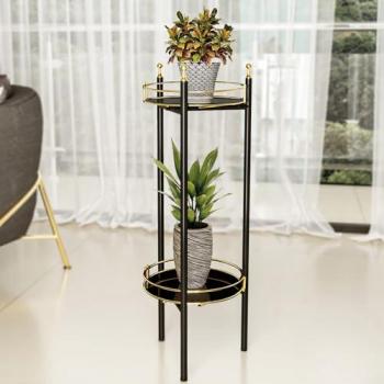 Soporte para Plantas Oulainen de Metal 2 Niveles con Estantes Redondos 79x28x28 cm - Negro/Dorado