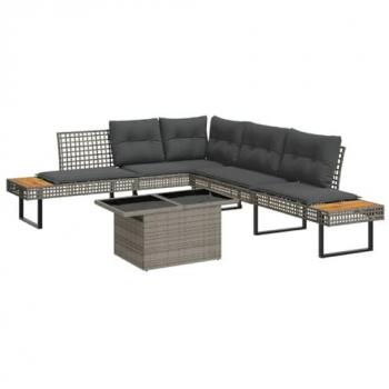 2-Piece Grey Poly Rattan Garden Sofa Set with Cushions and Glass Table